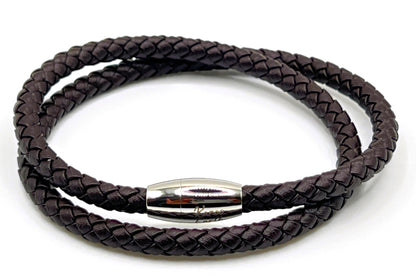 Double Wrap Dark Brown Leather Bracelet with Magnetic Clasp