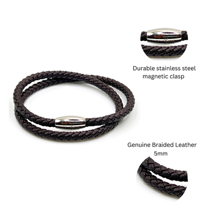 Double Wrap Dark Brown Leather Bracelet with Magnetic Clasp