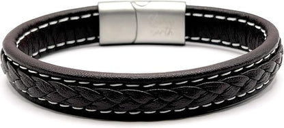 Genuine Leather Braided With White Stitch Bracelet | Brushed Stainless Steel Clasp - KarooEarth