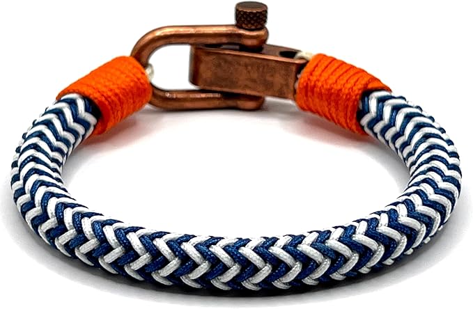 Adjustable Navy Blue & White Zig-Zag with Orange Detail Copper D-Shackle Clasp Nautical Rope Bracelet - KarooEarth