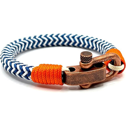 Adjustable Navy Blue & White Zig-Zag with Orange Detail Copper D-Shackle Clasp Nautical Rope Bracelet - KarooEarth