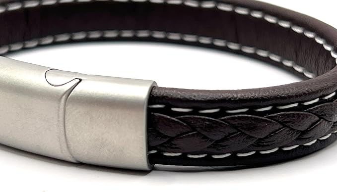 Genuine Leather Braided With White Stitch Bracelet | Brushed Stainless Steel Clasp - KarooEarth