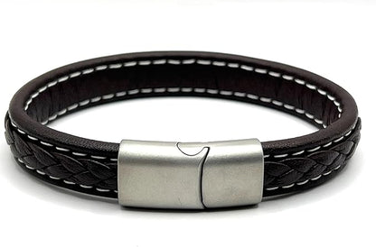 Genuine Leather Braided With White Stitch Bracelet | Brushed Stainless Steel Clasp - KarooEarth