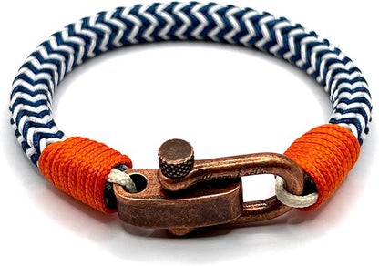 Adjustable Navy Blue & White Zig-Zag with Orange Detail Copper D-Shackle Clasp Nautical Rope Bracelet - KarooEarth