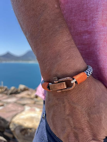 Adjustable Navy Blue & White Zig-Zag with Orange Detail Copper D-Shackle Clasp Nautical Rope Bracelet - KarooEarth