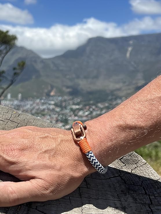 Adjustable Navy Blue & White Zig-Zag with Orange Detail Copper D-Shackle Clasp Nautical Rope Bracelet - KarooEarth