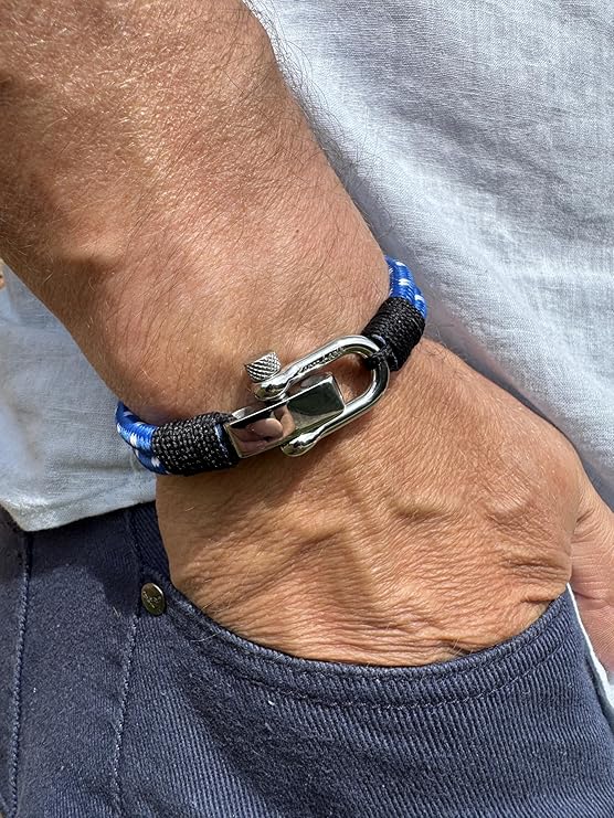 Azure Blue Men's Nautical Bracelet, Double Rope Bracelet with Stainless Steel Shackle - KarooEarth