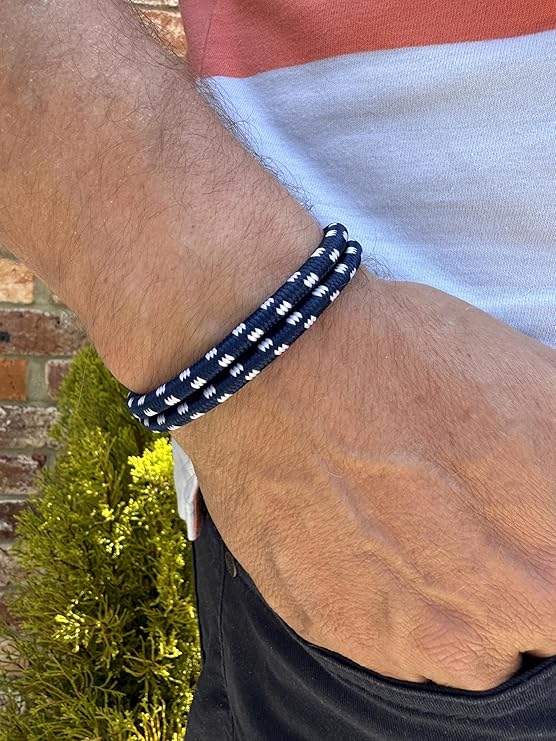 Navy Blue Men's Nautical Bracelet, Double Rope Bracelet with Stainless Steel Shackle - KarooEarth