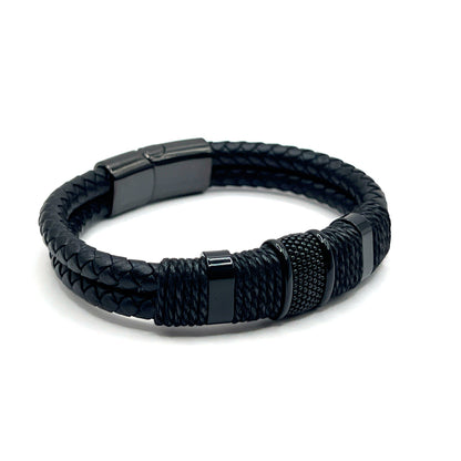 Black Woven Leather Bracelet with Magnetic Clasp - KarooEarth