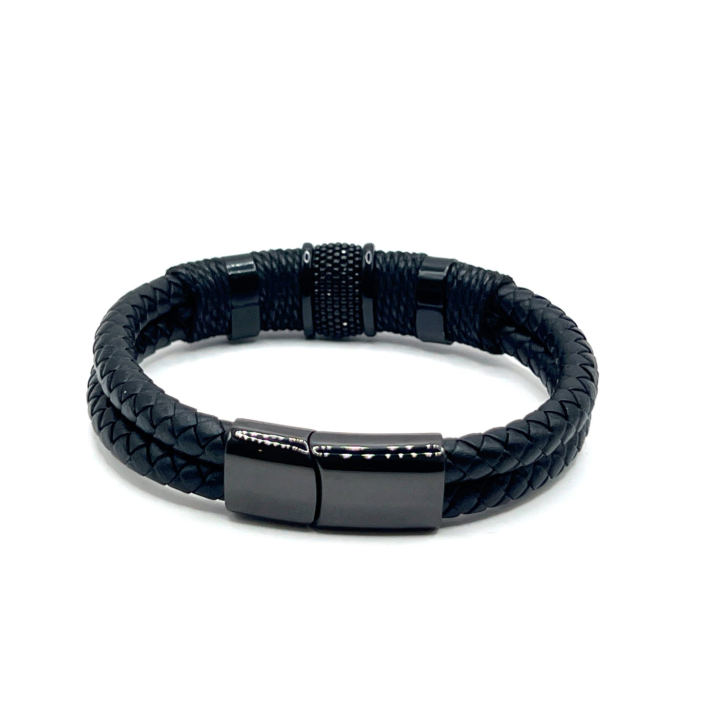 Black Woven Leather Bracelet with Magnetic Clasp - KarooEarth