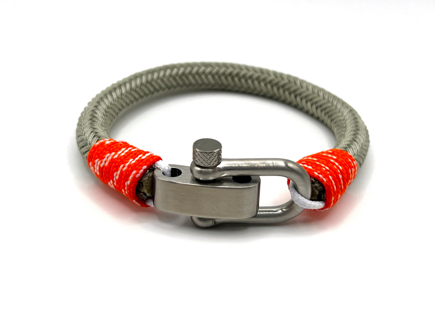 Adjustable Grey with Orange Detail Brushed Chrome D-Shackle Clasp Nautical Rope Bracelet