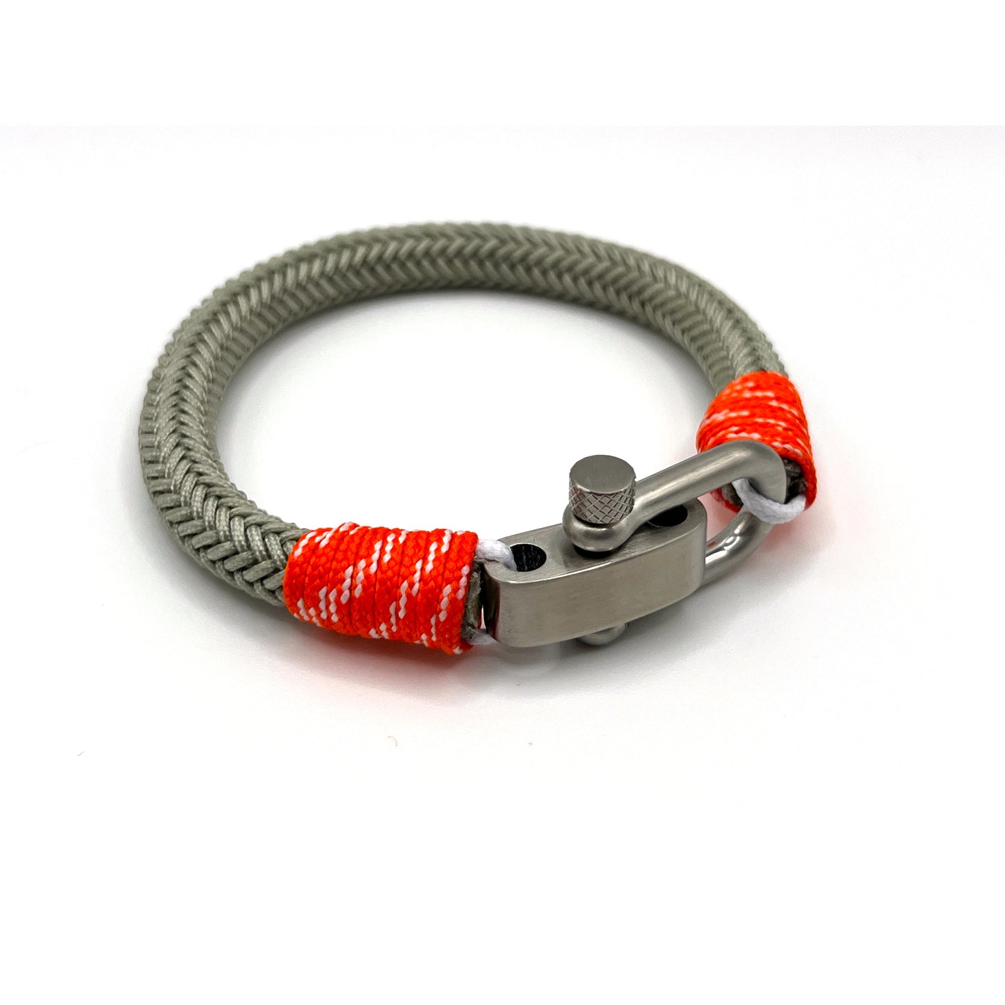 Adjustable Grey with Orange Detail Brushed Chrome D-Shackle Clasp Nautical Rope Bracelet