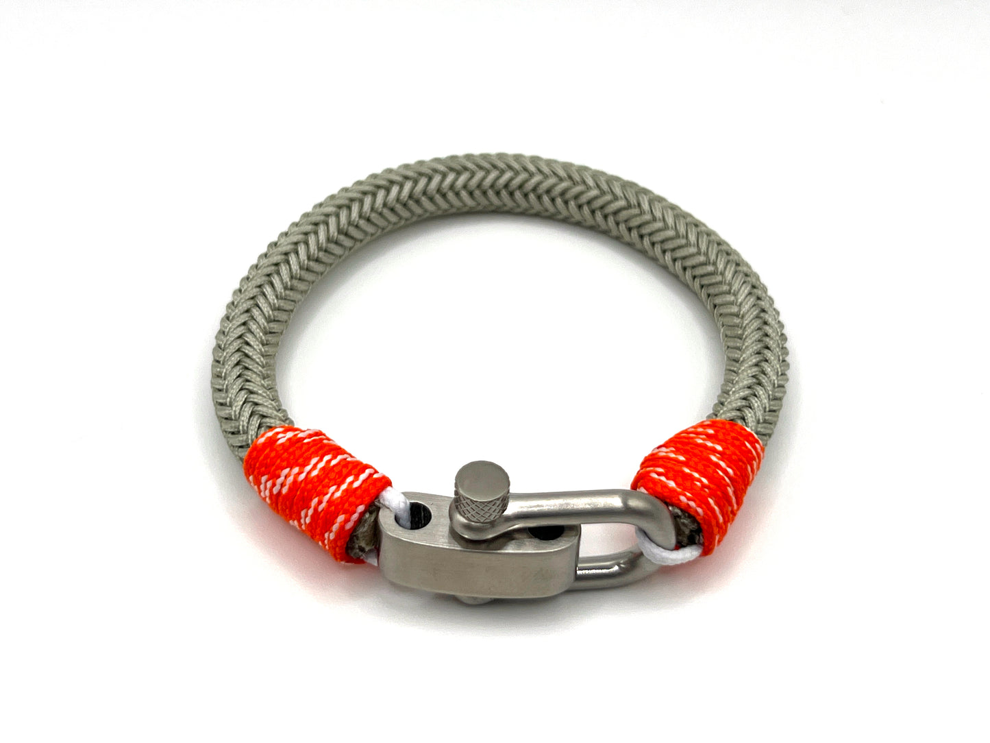 Adjustable Grey with Orange Detail Brushed Chrome D-Shackle Clasp Nautical Rope Bracelet