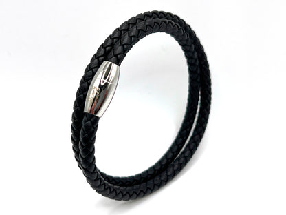 Double Wrap Black Leather Bracelet with Magnetic Clasp