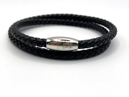 Double Wrap Black Leather Bracelet with Magnetic Clasp