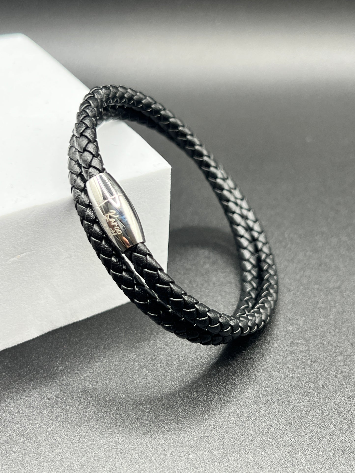 Double Wrap Black Leather Bracelet with Magnetic Clasp