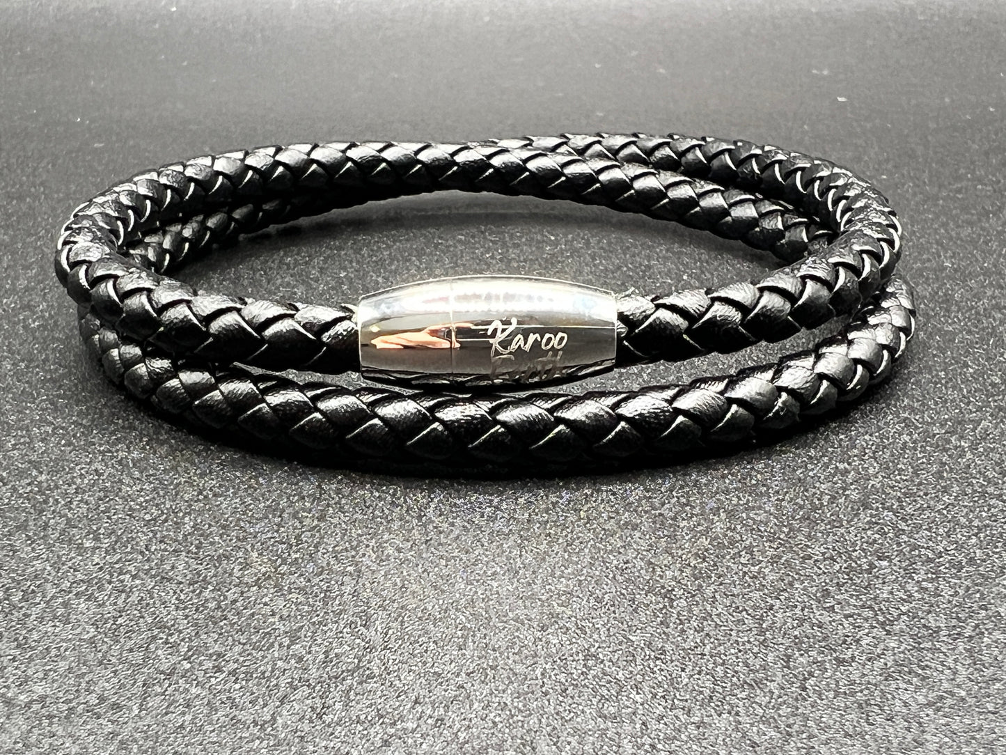 Double Wrap Black Leather Bracelet with Magnetic Clasp