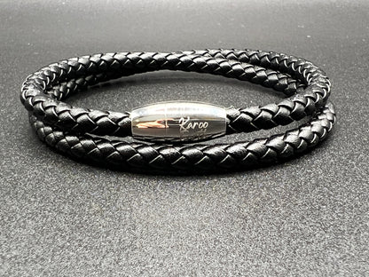 Double Wrap Black Leather Bracelet with Magnetic Clasp