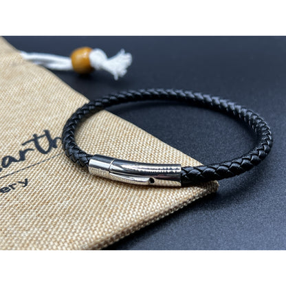 Braided Black Leather Single Bracelet With Stainless Steel Clasp