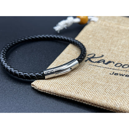 Braided Black Leather Single Bracelet With Stainless Steel Clasp