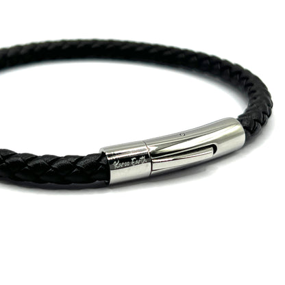 Braided Black Leather Single Bracelet With Stainless Steel Clasp