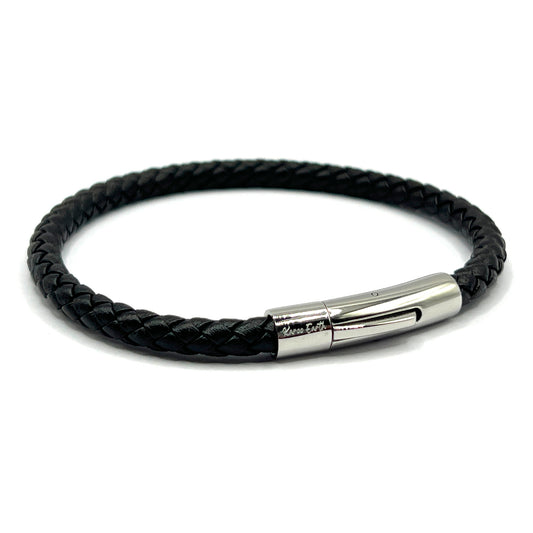 Braided Black Leather Single Bracelet With Stainless Steel Clasp