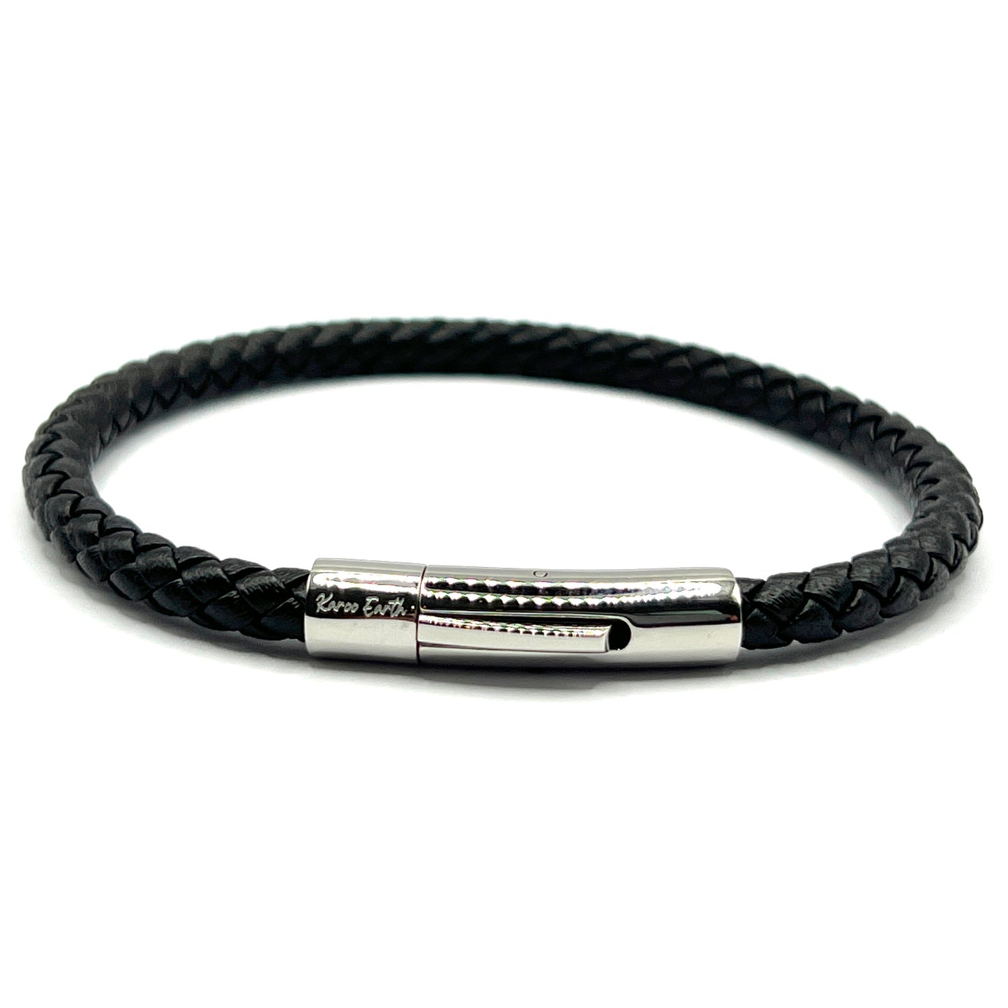 Braided Black Leather Single Bracelet With Stainless Steel Clasp